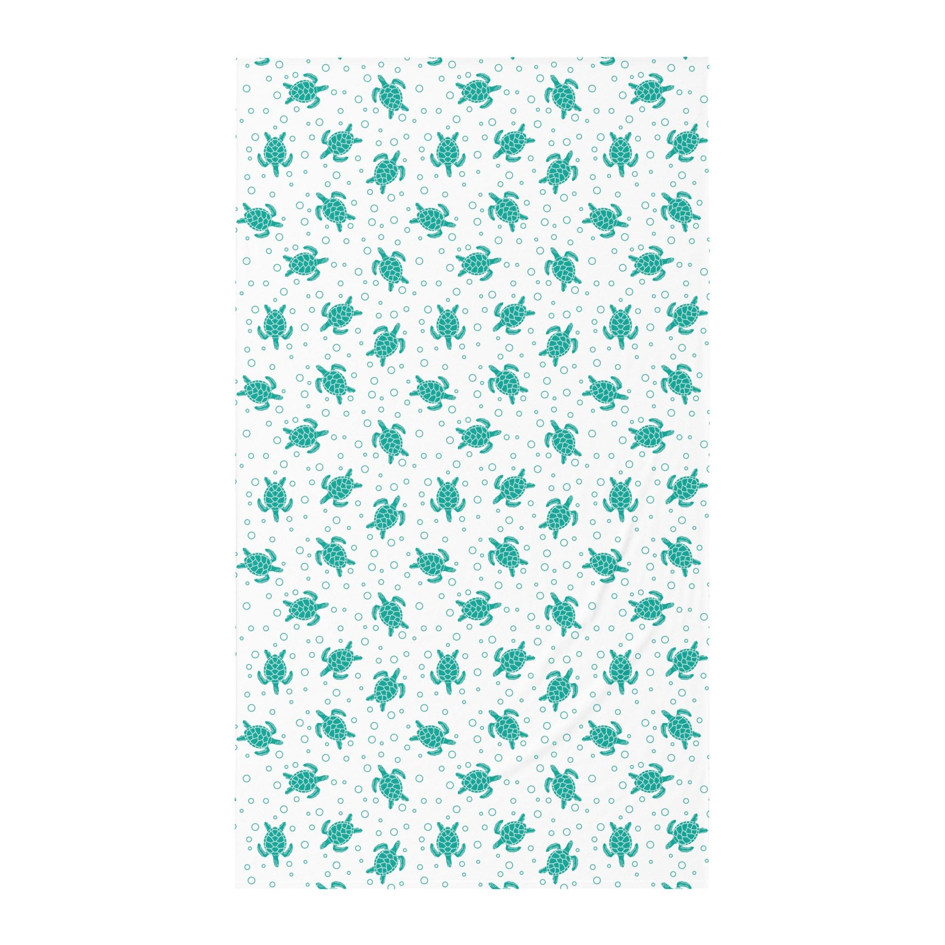 Twin flat sheet with teal sea turtle pattern on white background