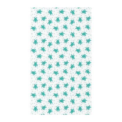 Twin flat sheet with teal sea turtle pattern on white background