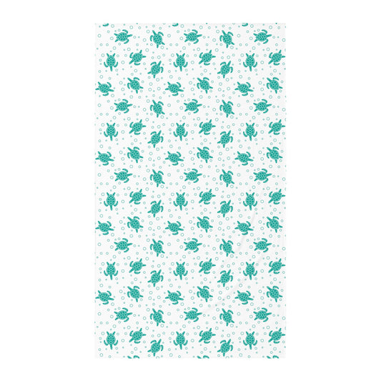 Twin flat sheet with teal sea turtle pattern on white background