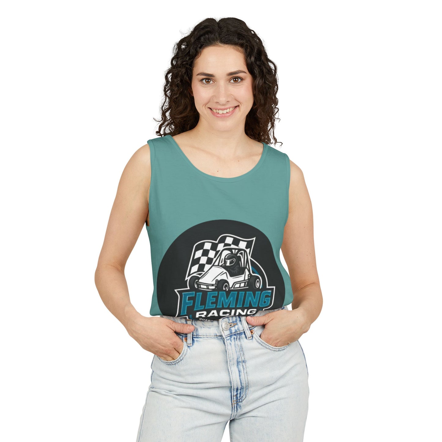 Teal racing tank top with Fleming Racing motorsports graphic on the chest