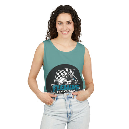 Teal racing tank top with Fleming Racing motorsports graphic on the chest