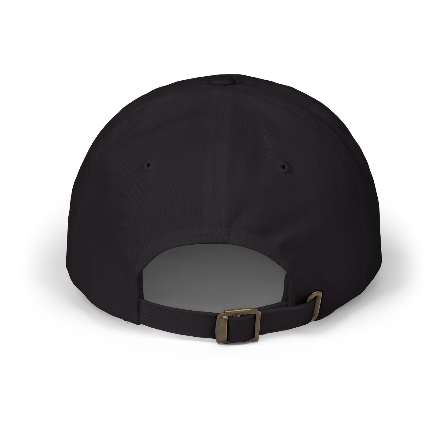 Black dad cap with curved brim and adjustable buckle strap