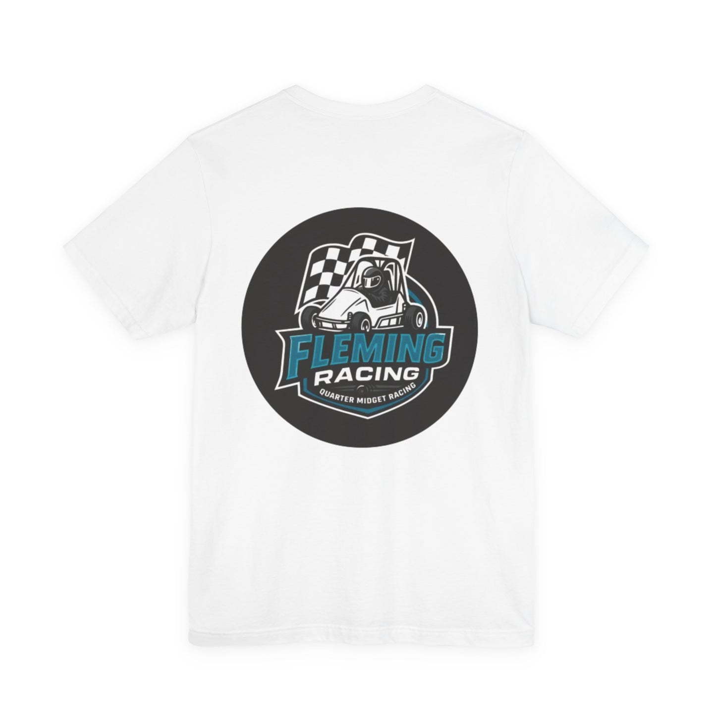 White crewneck T-shirt with large circular racing emblem print on the chest.