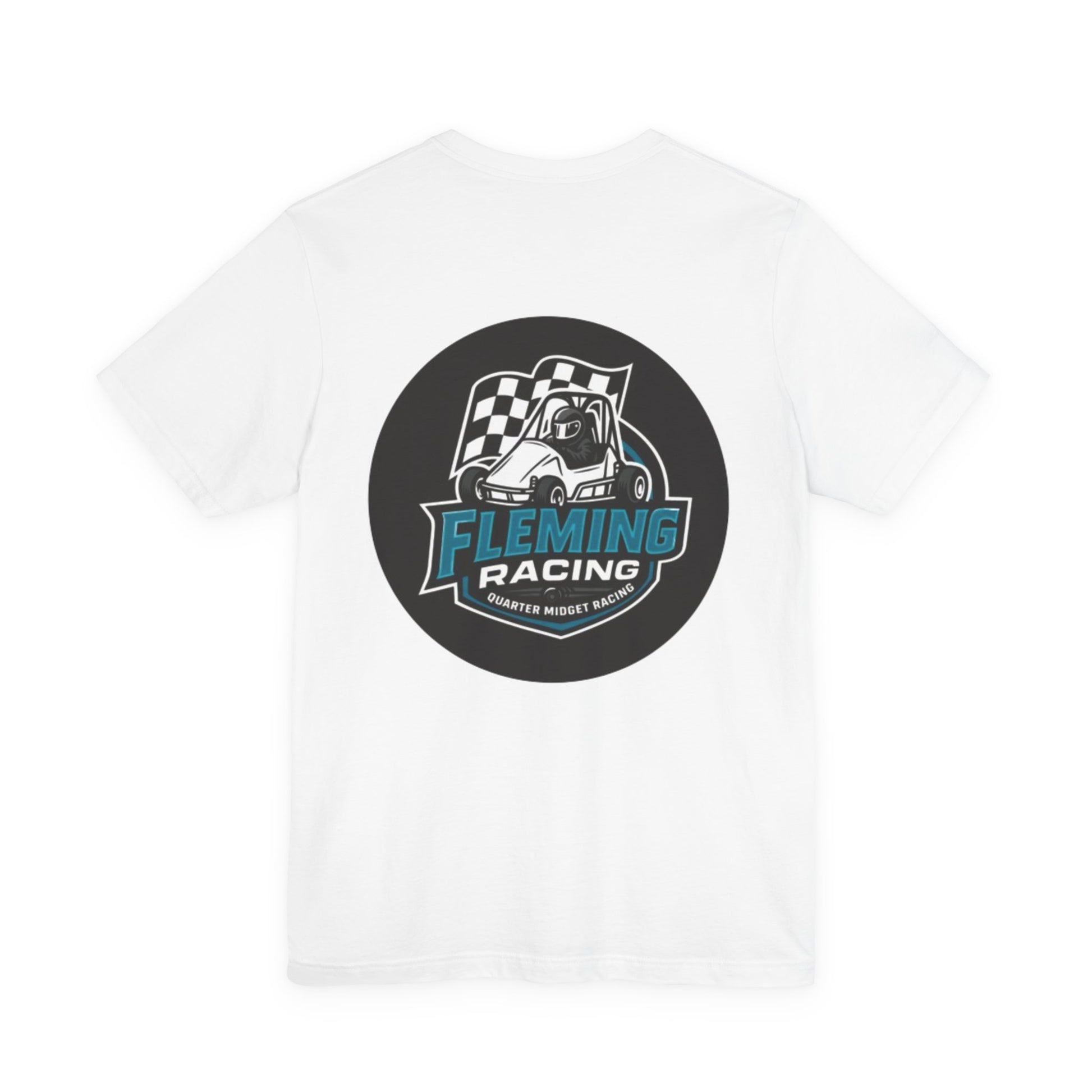 White crewneck T-shirt with large circular racing emblem print on the chest.