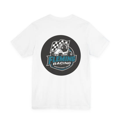 White crewneck T-shirt with large circular racing emblem print on the chest.