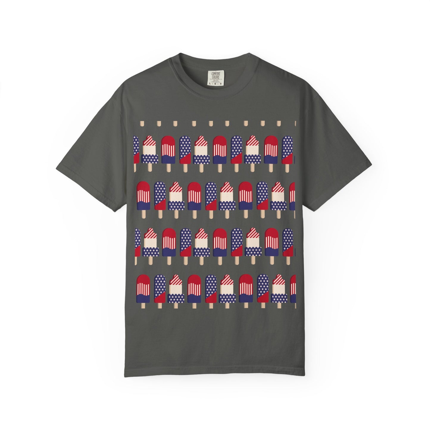 Dark gray T-shirt with popsicle-themed American flag graphic across the chest