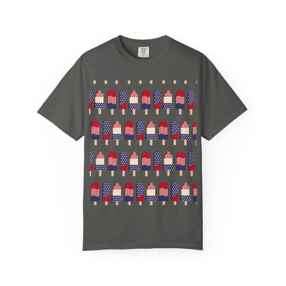 Dark gray T-shirt with popsicle-themed American flag graphic across the chest