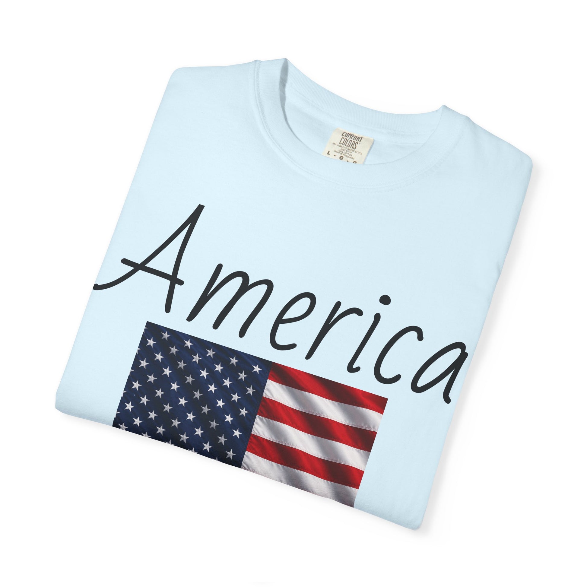 Light blue unisex T-shirt with America script and U.S. flag graphic