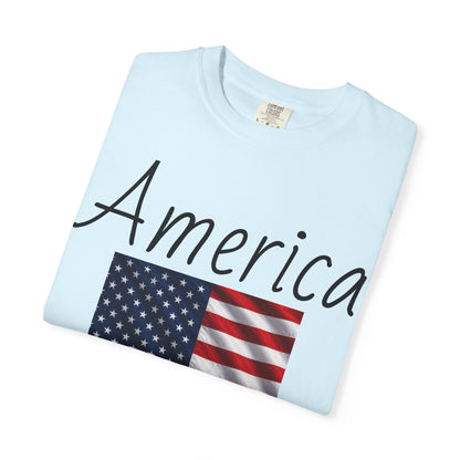 Light blue unisex T-shirt with America script and U.S. flag graphic
