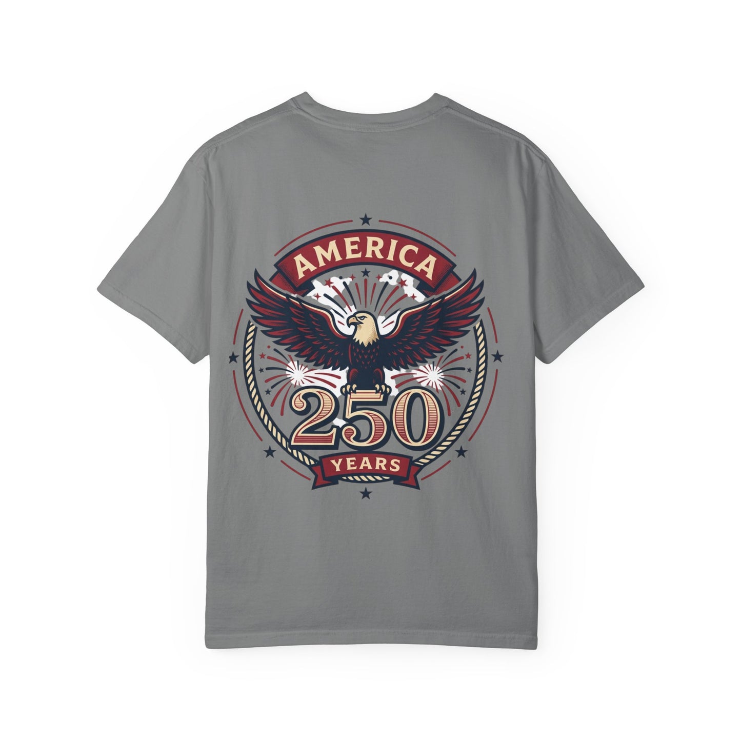 Unisex graphic T-shirt, dark gray with vintage eagle “America 250 Years” emblem