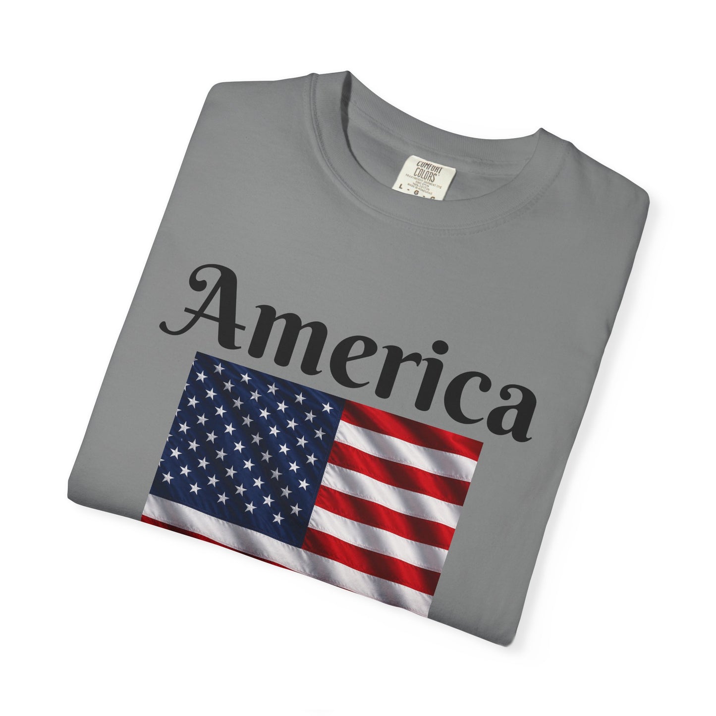 Dark gray T-shirt with America script over U.S. flag graphic