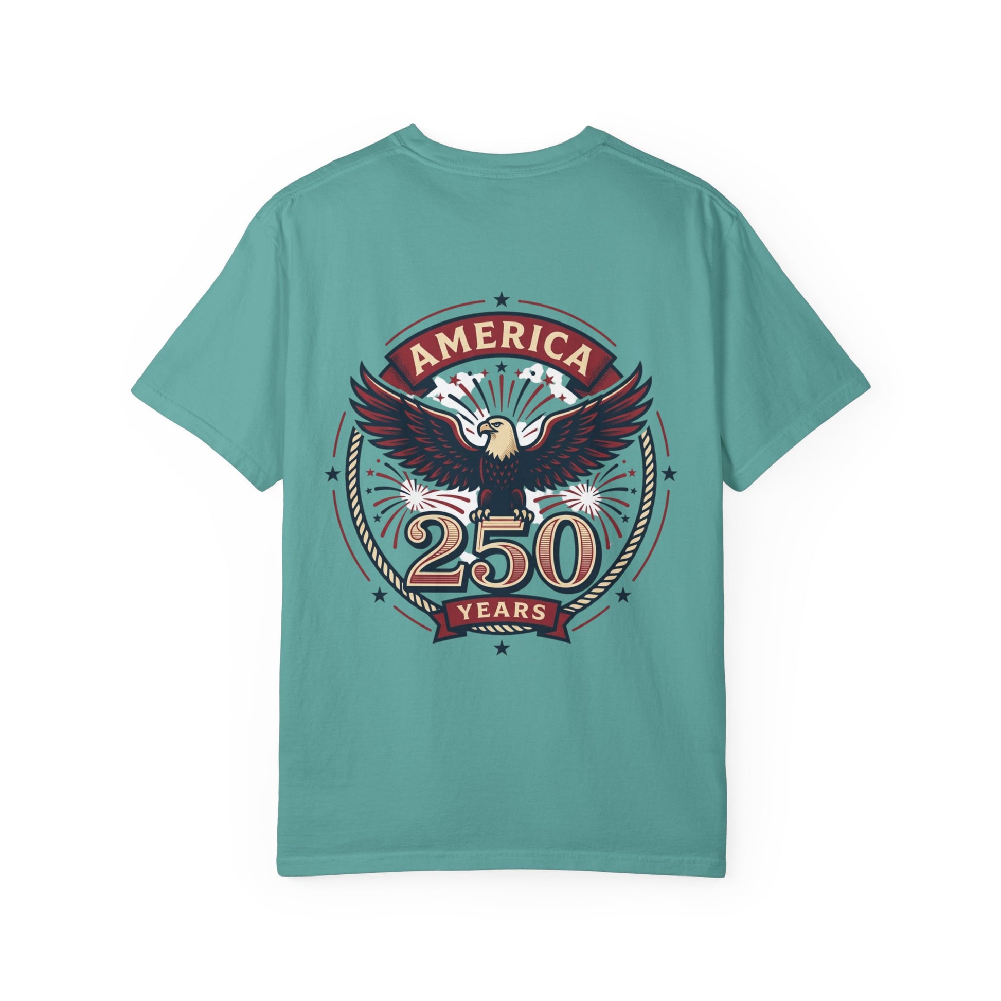 Teal T-shirt with back America 250 years eagle graphic