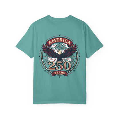 Teal T-shirt with back America 250 years eagle graphic