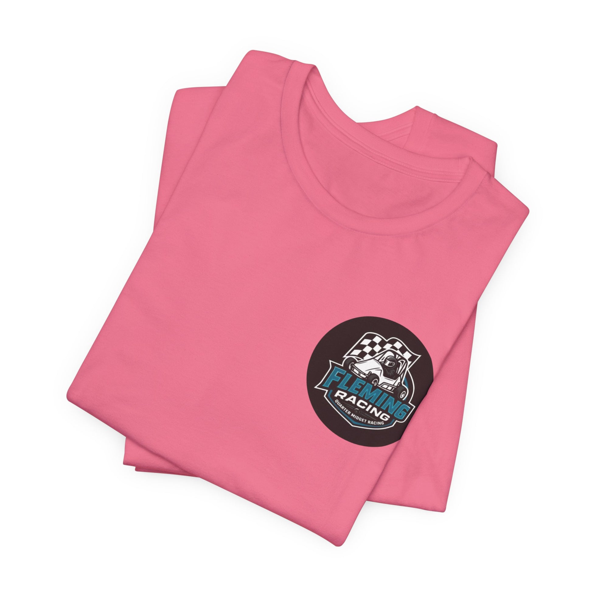 Pink T-shirt with Fleming Racing round logo emblem, folded for display
