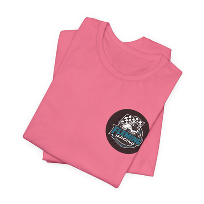 Pink T-shirt with Fleming Racing round logo emblem, folded for display