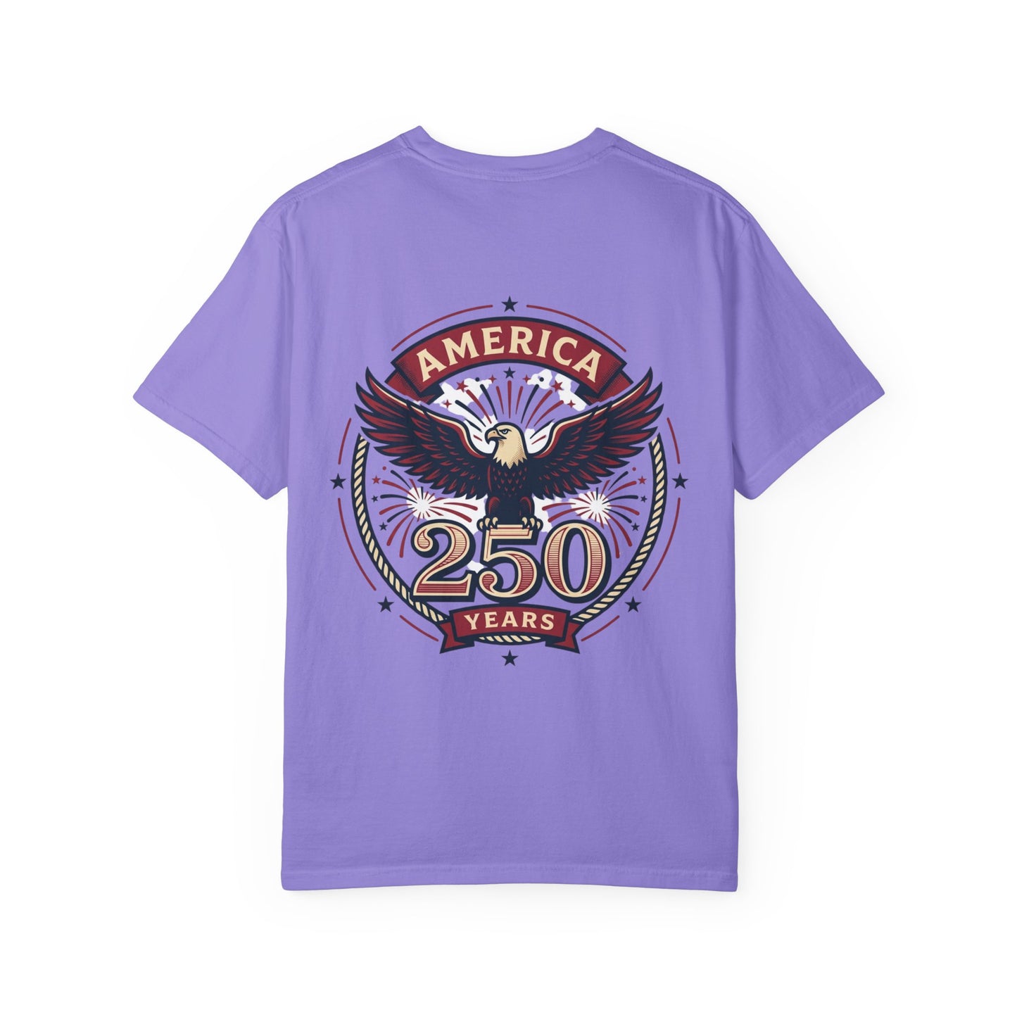 Lavender T-shirt with circular 'America 250 Years' eagle graphic in multicolor