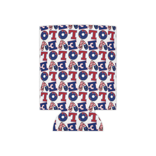 Drink can cooler sleeve with LO and Americana flag pattern, red white and blue
