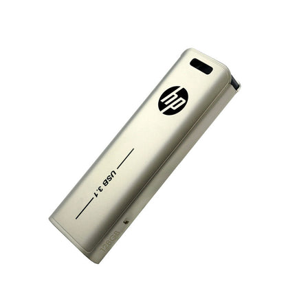 HP USB flash drive, metallic silver, USB-A connector, HP logo on face