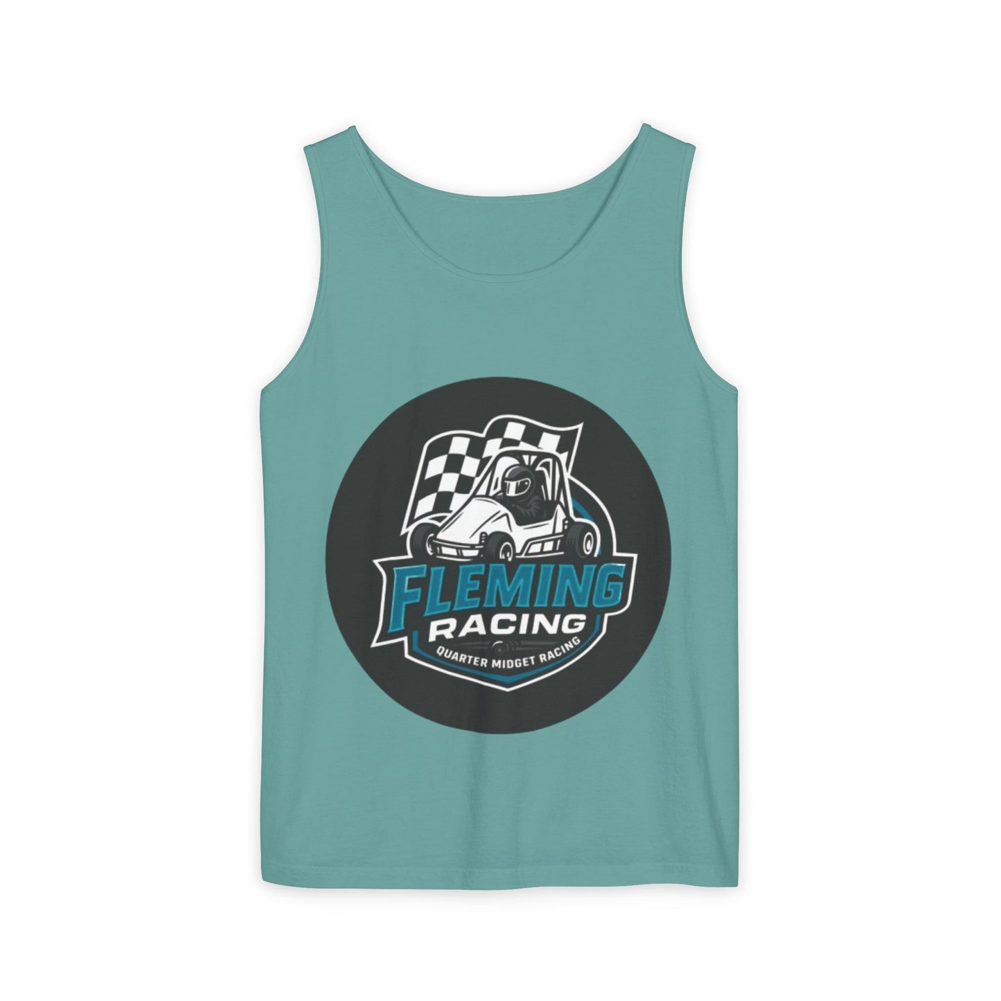 Teal racing tank top with circular Fleming Racing graphic on front