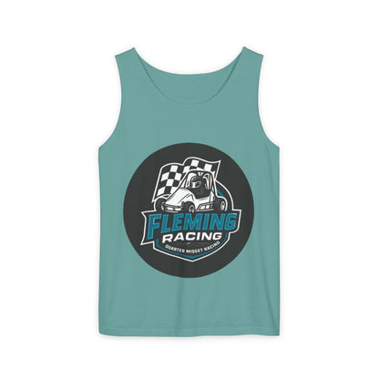 Teal racing tank top with circular Fleming Racing graphic on front