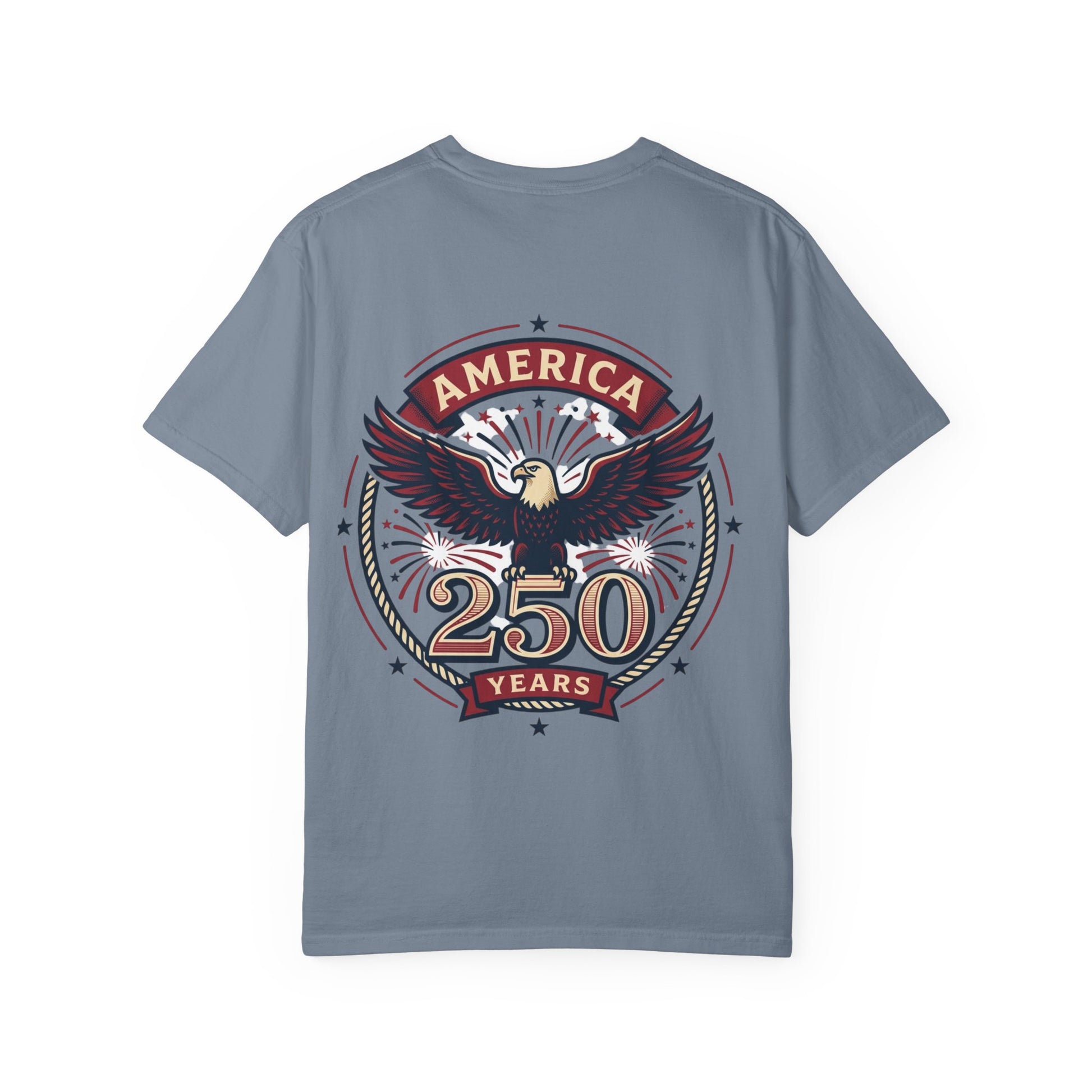 Blue-gray unisex T-shirt with vintage eagle badge graphic reading 250 years