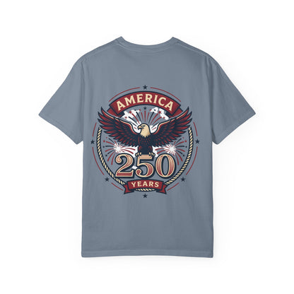 Blue-gray unisex T-shirt with vintage eagle badge graphic reading 250 years