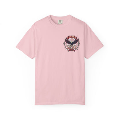 Pink T-shirt with small circular 250 years independence eagle graphic on the chest.