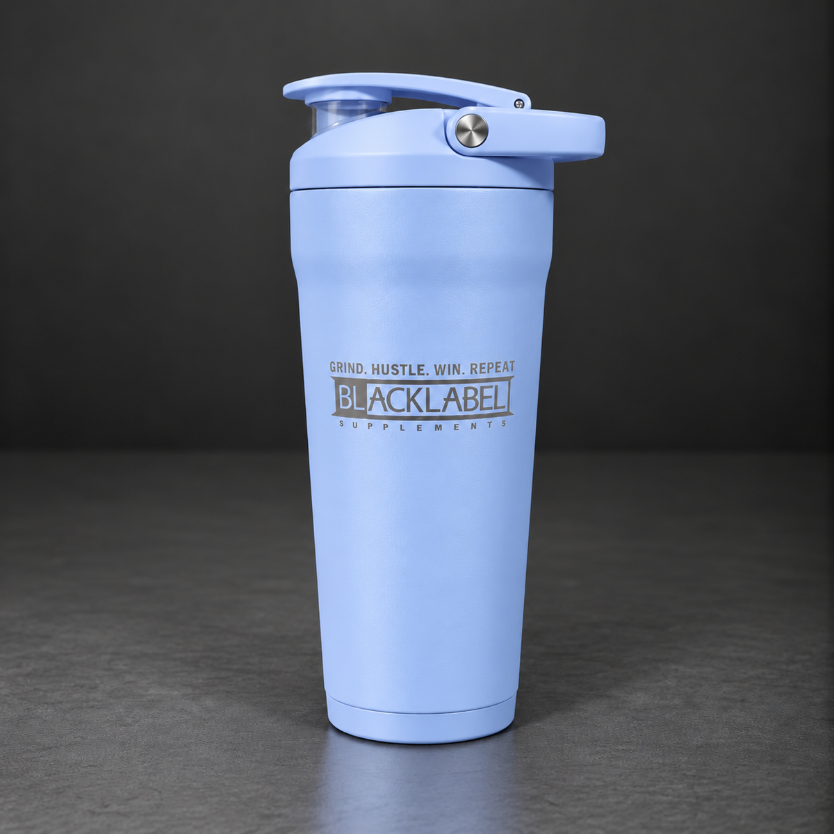 Light blue insulated shaker bottle, 24 oz, with flip lid and carry handle