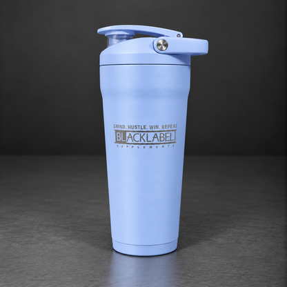 Light blue insulated shaker bottle, 24 oz, with flip lid and carry handle