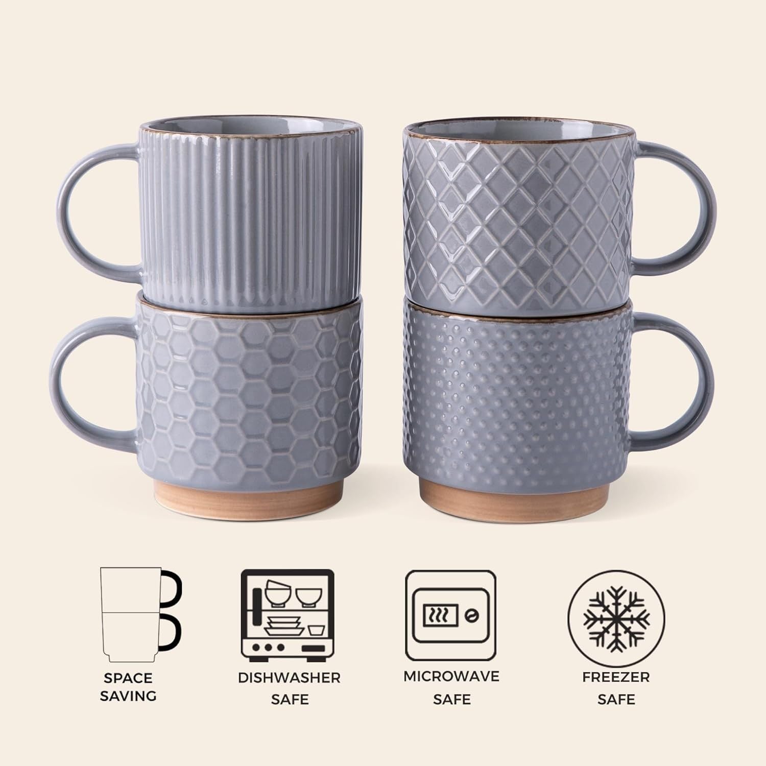 12OZ Stackable Coffee Mugs, Ceramic Coffee Mugs with Texture Patterns for Man,Woman,Dad,Mom, Modern Coffee Cups Set of 4 for Latte/Cappuccino/Cocoa. Dishwasher&Microwave Safe, Gray - Renee Lane Company