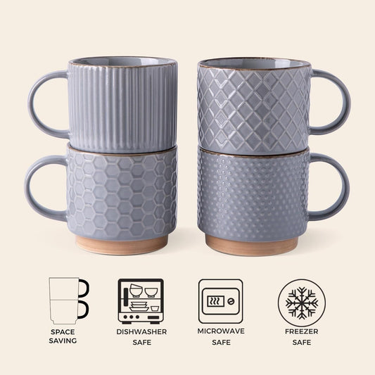 12OZ Stackable Coffee Mugs, Ceramic Coffee Mugs with Texture Patterns for Man,Woman,Dad,Mom, Modern Coffee Cups Set of 4 for Latte/Cappuccino/Cocoa. Dishwasher&Microwave Safe, Gray - Renee Lane Company