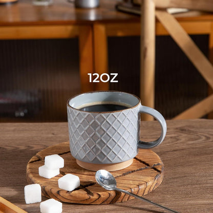 12OZ Stackable Coffee Mugs, Ceramic Coffee Mugs with Texture Patterns for Man,Woman,Dad,Mom, Modern Coffee Cups Set of 4 for Latte/Cappuccino/Cocoa. Dishwasher&Microwave Safe, Gray - Renee Lane Company