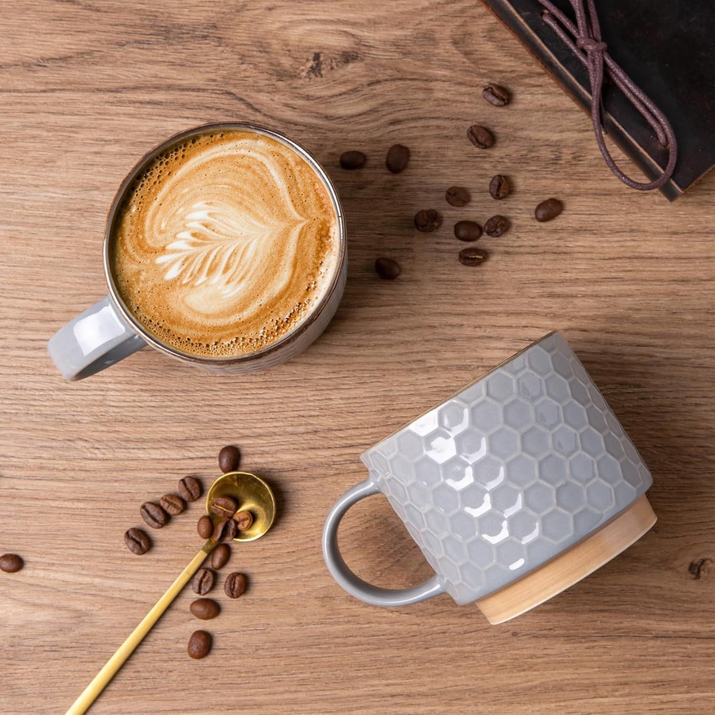12OZ Stackable Coffee Mugs, Ceramic Coffee Mugs with Texture Patterns for Man,Woman,Dad,Mom, Modern Coffee Cups Set of 4 for Latte/Cappuccino/Cocoa. Dishwasher&Microwave Safe, Gray - Renee Lane Company
