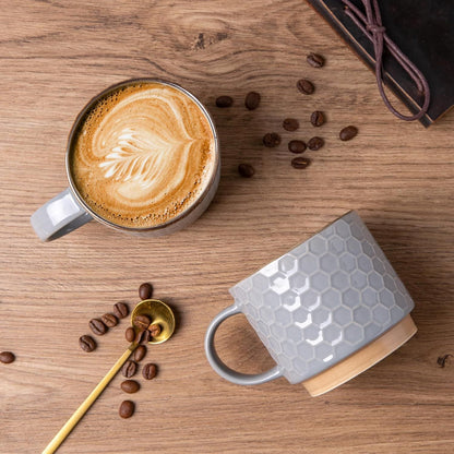 12OZ Stackable Coffee Mugs, Ceramic Coffee Mugs with Texture Patterns for Man,Woman,Dad,Mom, Modern Coffee Cups Set of 4 for Latte/Cappuccino/Cocoa. Dishwasher&Microwave Safe, Gray - Renee Lane Company