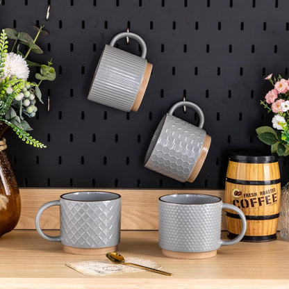 12OZ Stackable Coffee Mugs, Ceramic Coffee Mugs with Texture Patterns for Man,Woman,Dad,Mom, Modern Coffee Cups Set of 4 for Latte/Cappuccino/Cocoa. Dishwasher&Microwave Safe, Gray - Renee Lane Company