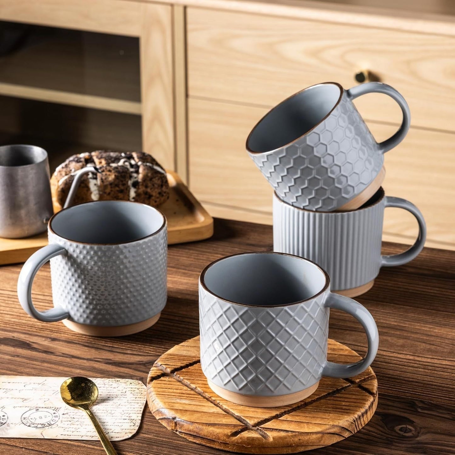 12OZ Stackable Coffee Mugs, Ceramic Coffee Mugs with Texture Patterns for Man,Woman,Dad,Mom, Modern Coffee Cups Set of 4 for Latte/Cappuccino/Cocoa. Dishwasher&Microwave Safe, Gray - Renee Lane Company