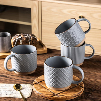 12OZ Stackable Coffee Mugs, Ceramic Coffee Mugs with Texture Patterns for Man,Woman,Dad,Mom, Modern Coffee Cups Set of 4 for Latte/Cappuccino/Cocoa. Dishwasher&Microwave Safe, Gray - Renee Lane Company
