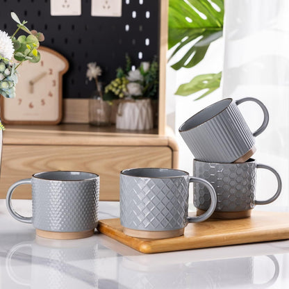 12OZ Stackable Coffee Mugs, Ceramic Coffee Mugs with Texture Patterns for Man,Woman,Dad,Mom, Modern Coffee Cups Set of 4 for Latte/Cappuccino/Cocoa. Dishwasher&Microwave Safe, Gray - Renee Lane Company