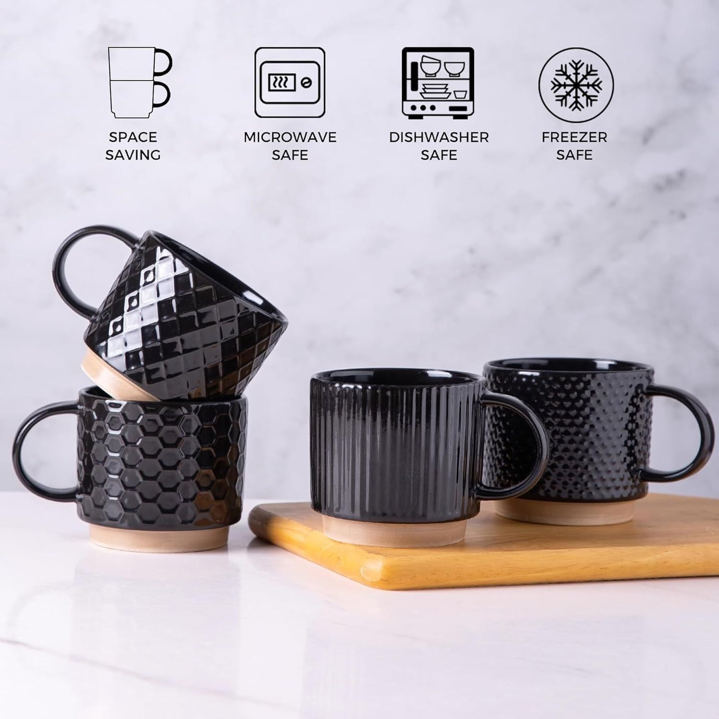 12OZ Stackable Coffee Mugs, Ceramic Coffee Mugs with Texture Patterns for Man,Woman,Dad,Mom, Modern Coffee Mugs Set of 4 for Latte/Cappuccino/Cocoa. Dishwasher&Microwave Safe, Black - Renee Lane Company