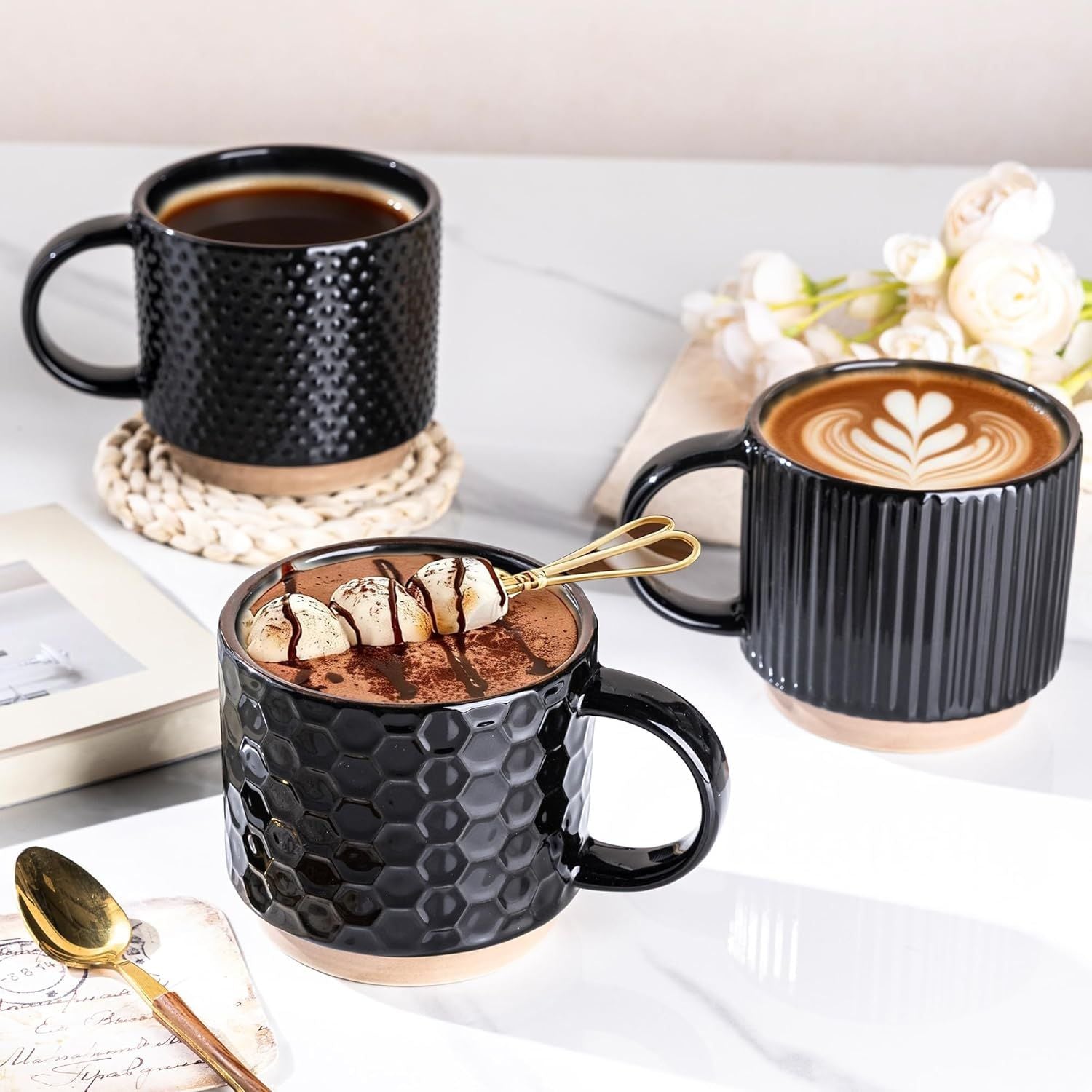 12OZ Stackable Coffee Mugs, Ceramic Coffee Mugs with Texture Patterns for Man,Woman,Dad,Mom, Modern Coffee Mugs Set of 4 for Latte/Cappuccino/Cocoa. Dishwasher&Microwave Safe, Black - Renee Lane Company
