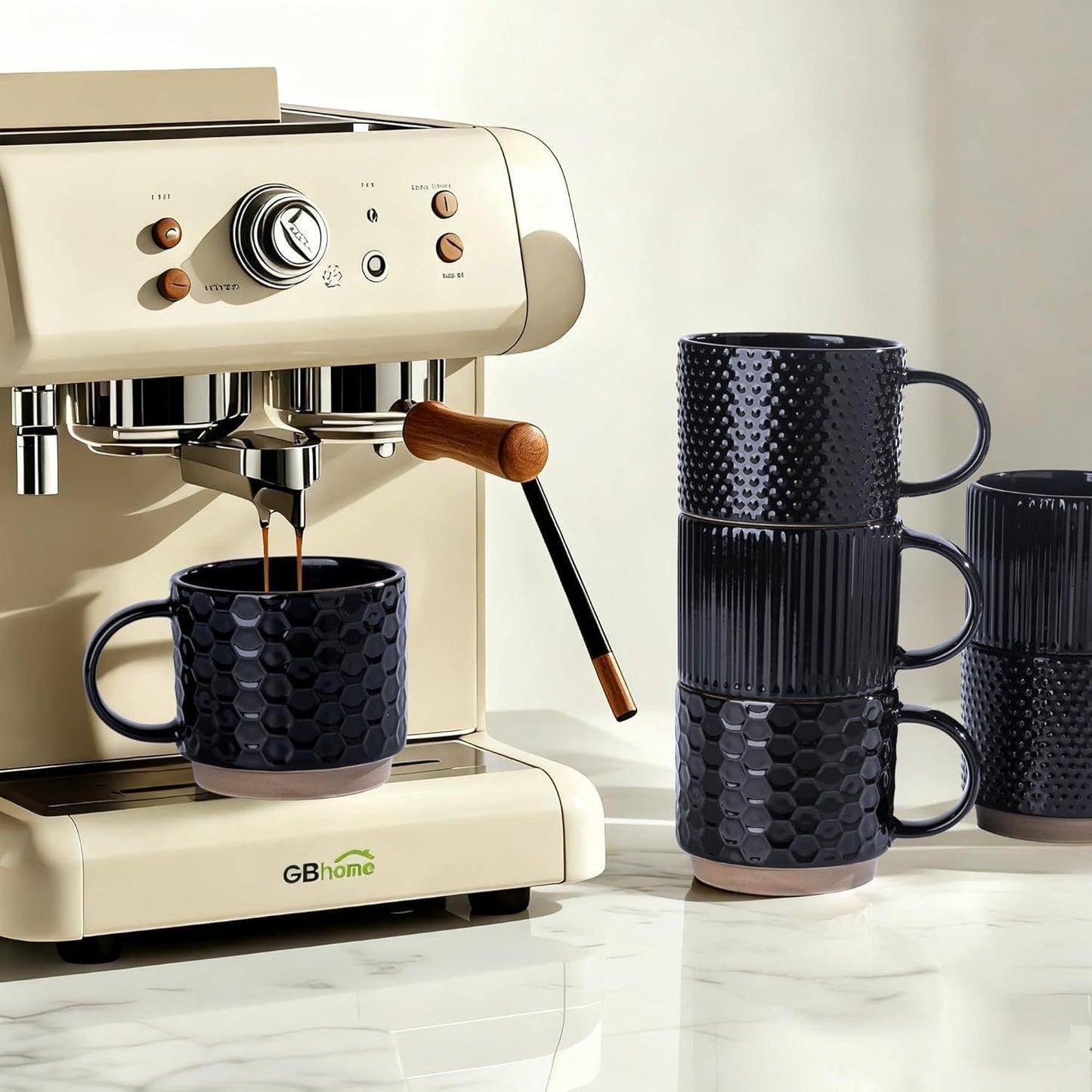 12OZ Stackable Coffee Mugs, Ceramic Coffee Mugs with Texture Patterns for Man,Woman,Dad,Mom, Modern Coffee Mugs Set of 4 for Latte/Cappuccino/Cocoa. Dishwasher&Microwave Safe, Black - Renee Lane Company