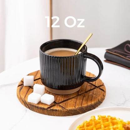 12OZ Stackable Coffee Mugs, Ceramic Coffee Mugs with Texture Patterns for Man,Woman,Dad,Mom, Modern Coffee Mugs Set of 4 for Latte/Cappuccino/Cocoa. Dishwasher&Microwave Safe, Black - Renee Lane Company