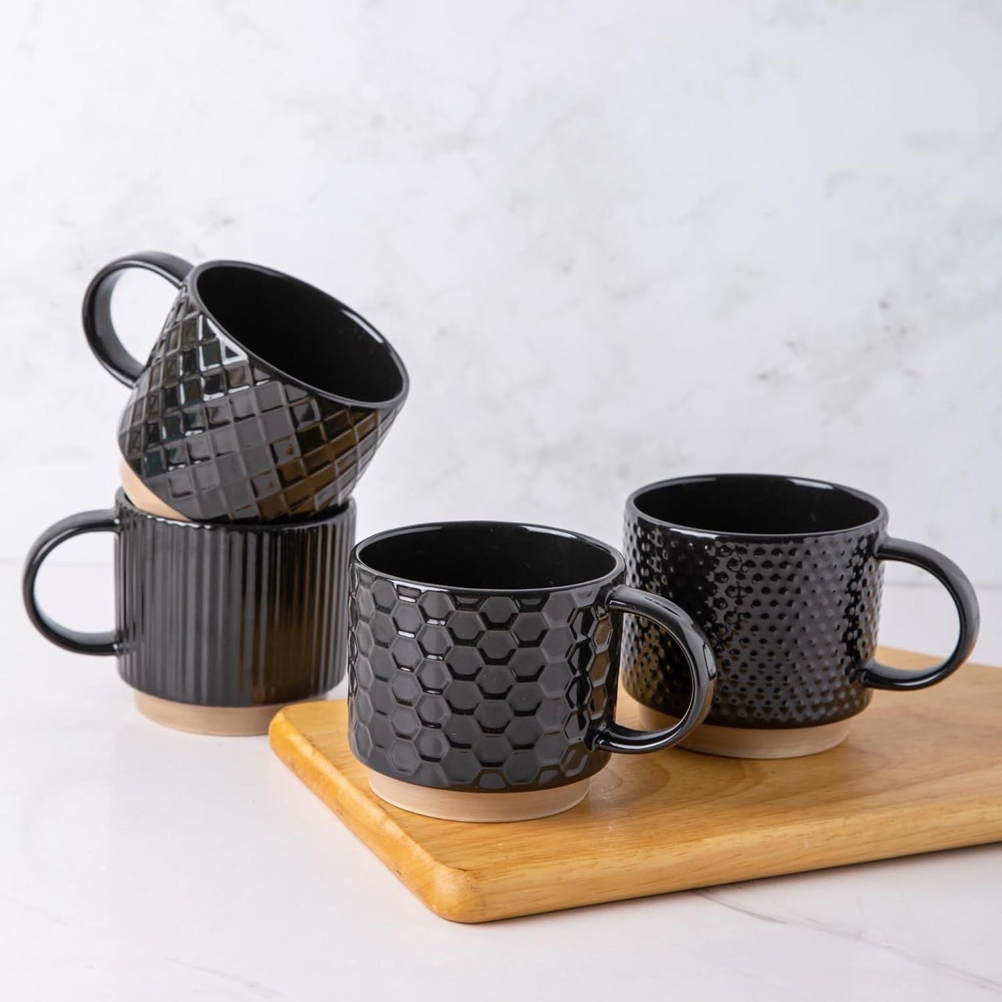 12OZ Stackable Coffee Mugs, Ceramic Coffee Mugs with Texture Patterns for Man,Woman,Dad,Mom, Modern Coffee Mugs Set of 4 for Latte/Cappuccino/Cocoa. Dishwasher&Microwave Safe, Black - Renee Lane Company
