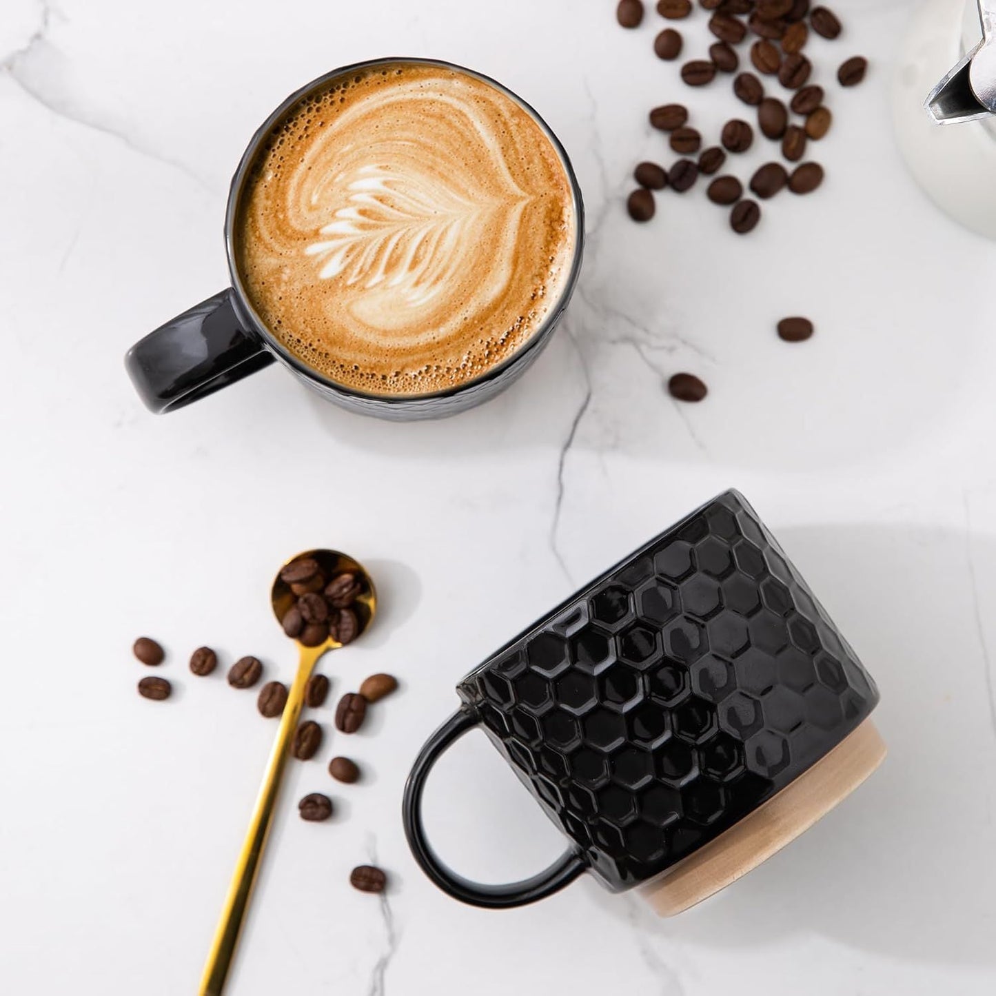 12OZ Stackable Coffee Mugs, Ceramic Coffee Mugs with Texture Patterns for Man,Woman,Dad,Mom, Modern Coffee Mugs Set of 4 for Latte/Cappuccino/Cocoa. Dishwasher&Microwave Safe, Black - Renee Lane Company