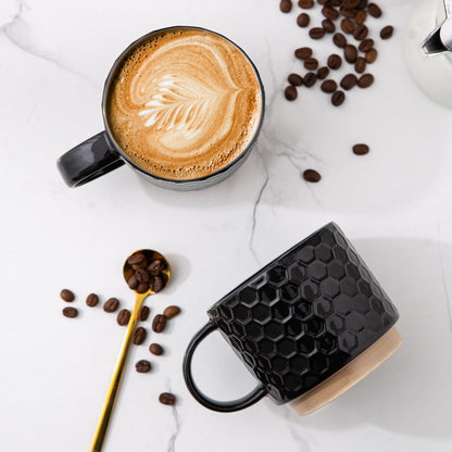 12OZ Stackable Coffee Mugs, Ceramic Coffee Mugs with Texture Patterns for Man,Woman,Dad,Mom, Modern Coffee Mugs Set of 4 for Latte/Cappuccino/Cocoa. Dishwasher&Microwave Safe, Black - Renee Lane Company