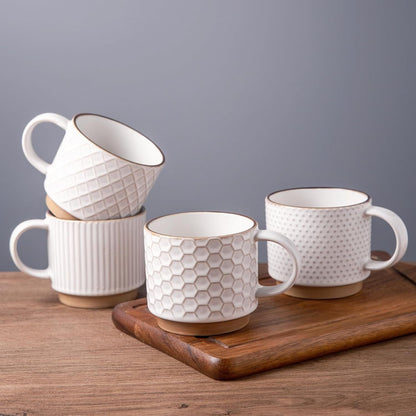 12OZ Stackable Coffee Mugs, Ceramic Coffee Mugs with Texture Patterns for Man,Woman,Dad,Mom, Modern Coffee Mugs Set of 4 for Latte/Cappuccino/Cocoa. Dishwasher&Microwave Safe, Off White - Renee Lane Company