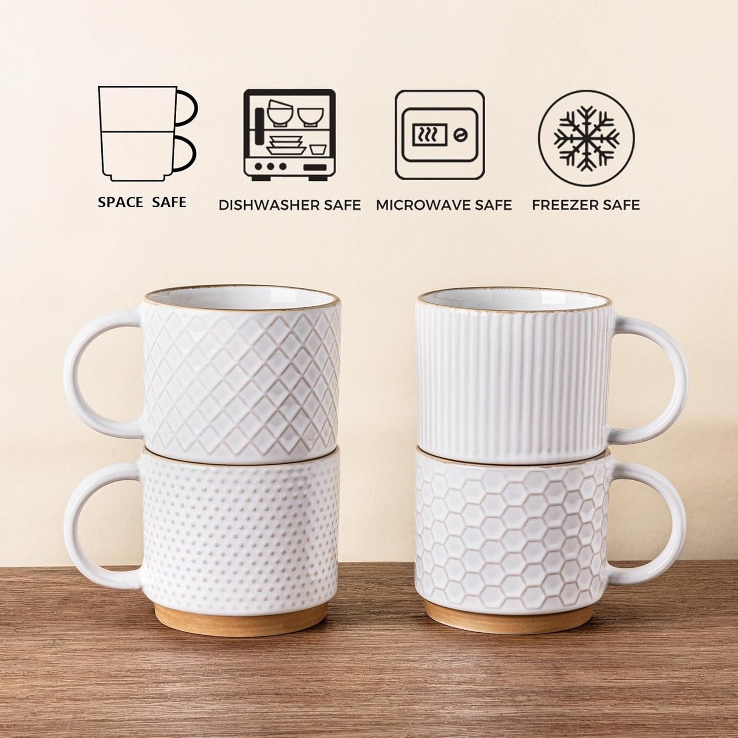 12OZ Stackable Coffee Mugs, Ceramic Coffee Mugs with Texture Patterns for Man,Woman,Dad,Mom, Modern Coffee Mugs Set of 4 for Latte/Cappuccino/Cocoa. Dishwasher&Microwave Safe, Off White - Renee Lane Company