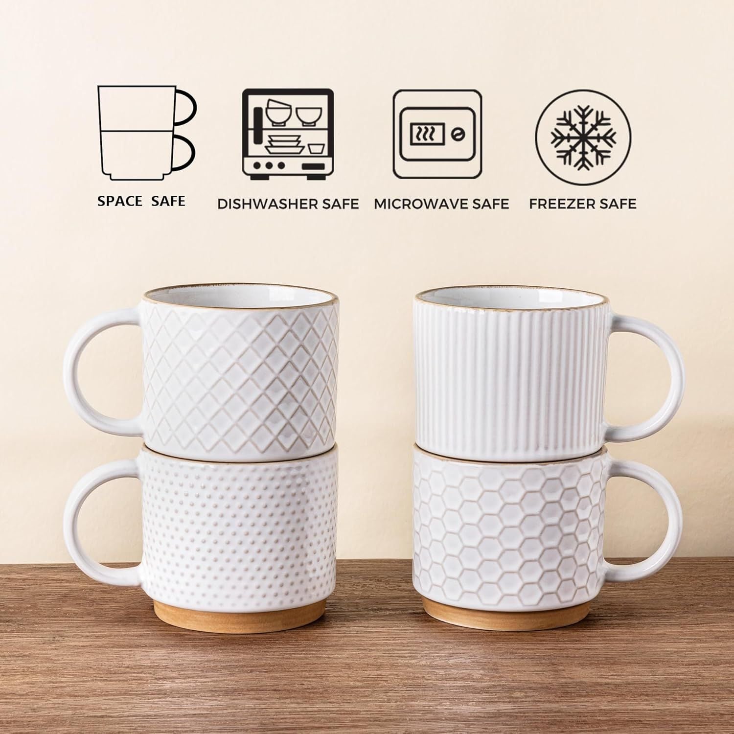 12OZ Stackable Coffee Mugs, Ceramic Coffee Mugs with Texture Patterns for Man,Woman,Dad,Mom, Modern Coffee Mugs Set of 4 for Latte/Cappuccino/Cocoa. Dishwasher&Microwave Safe, Off White - Renee Lane Company
