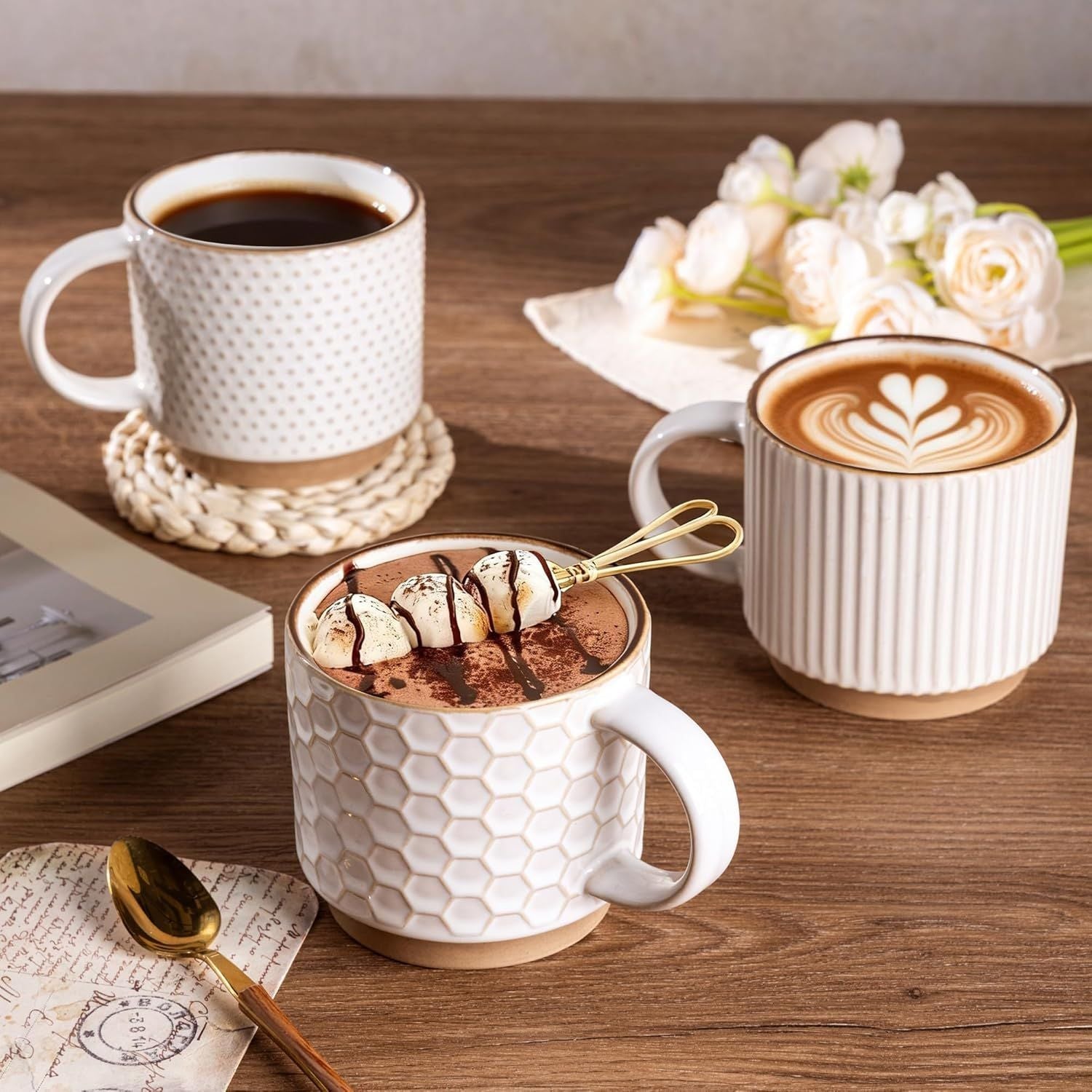 12OZ Stackable Coffee Mugs, Ceramic Coffee Mugs with Texture Patterns for Man,Woman,Dad,Mom, Modern Coffee Mugs Set of 4 for Latte/Cappuccino/Cocoa. Dishwasher&Microwave Safe, Off White - Renee Lane Company