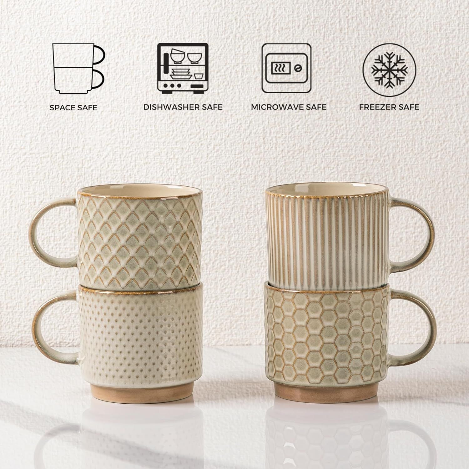 12OZ Stackable Coffee Mugs, Ceramic Coffee Mugs with Texture Patterns for Man,Woman,Dad,Mom, Modern Coffee Mugs Set of 4 for Latte/Cappuccino/Cocoa. Dishwasher&Microwave Safe, Pale Khaki - Renee Lane Company